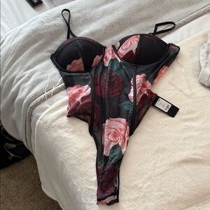 Fashion Nova Black and Pink Floral Bodysuit